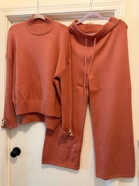 Cozy Rib Knit Sweater & Wide-Leg Lounge Pants Set - Rust